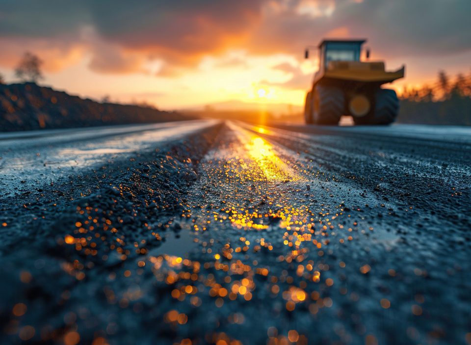 Laying new asphalt road surface. Road workers and road construction equipment.